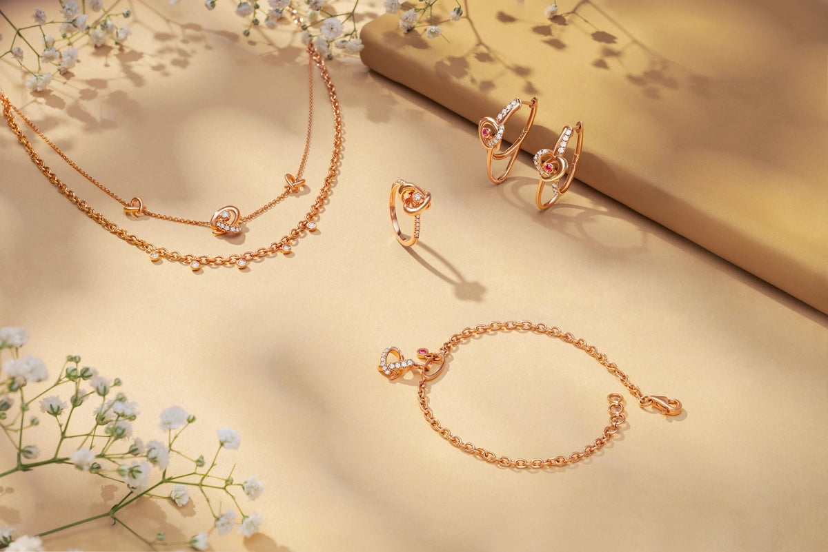 Rose gold jewelry set with delicate floral accents.