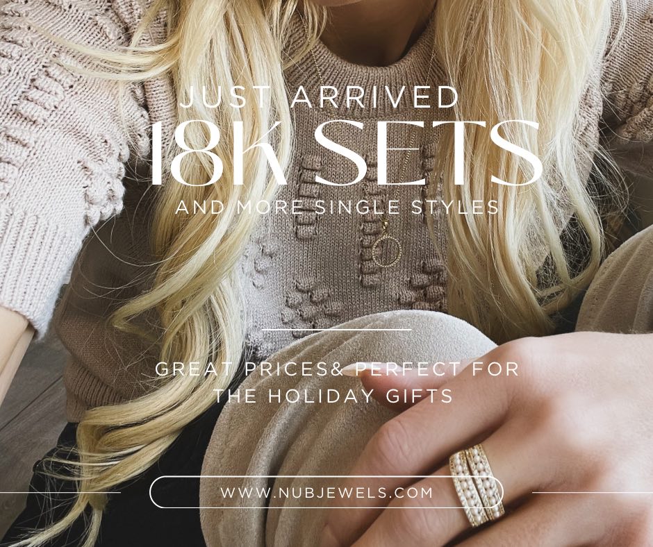 18k gold filled and in station baby pearl karma necklace and ring on a blonde women posing. 