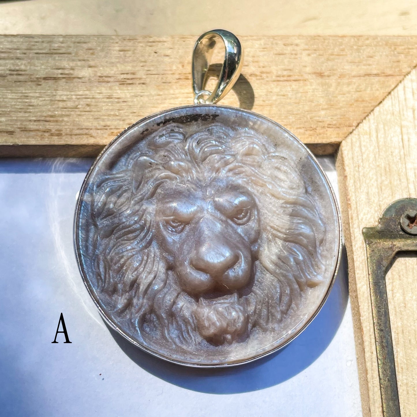 White Moonstone Round Tiger Pendant - Both Metals