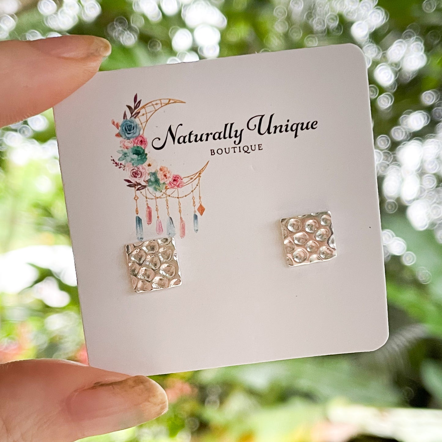 Dainty Hammer Square Studs - Solid Sterling Silver