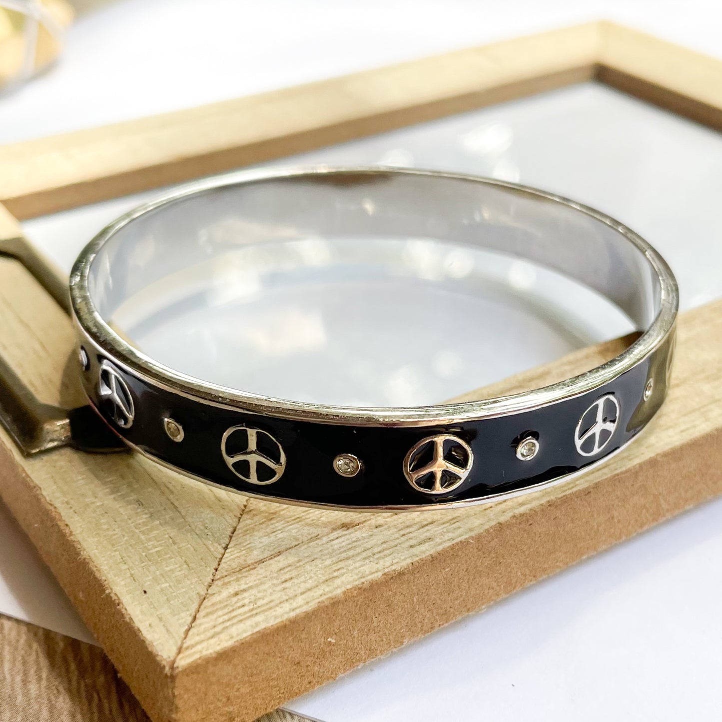 Peace Sign Black Enamel Bangle - Rhodium