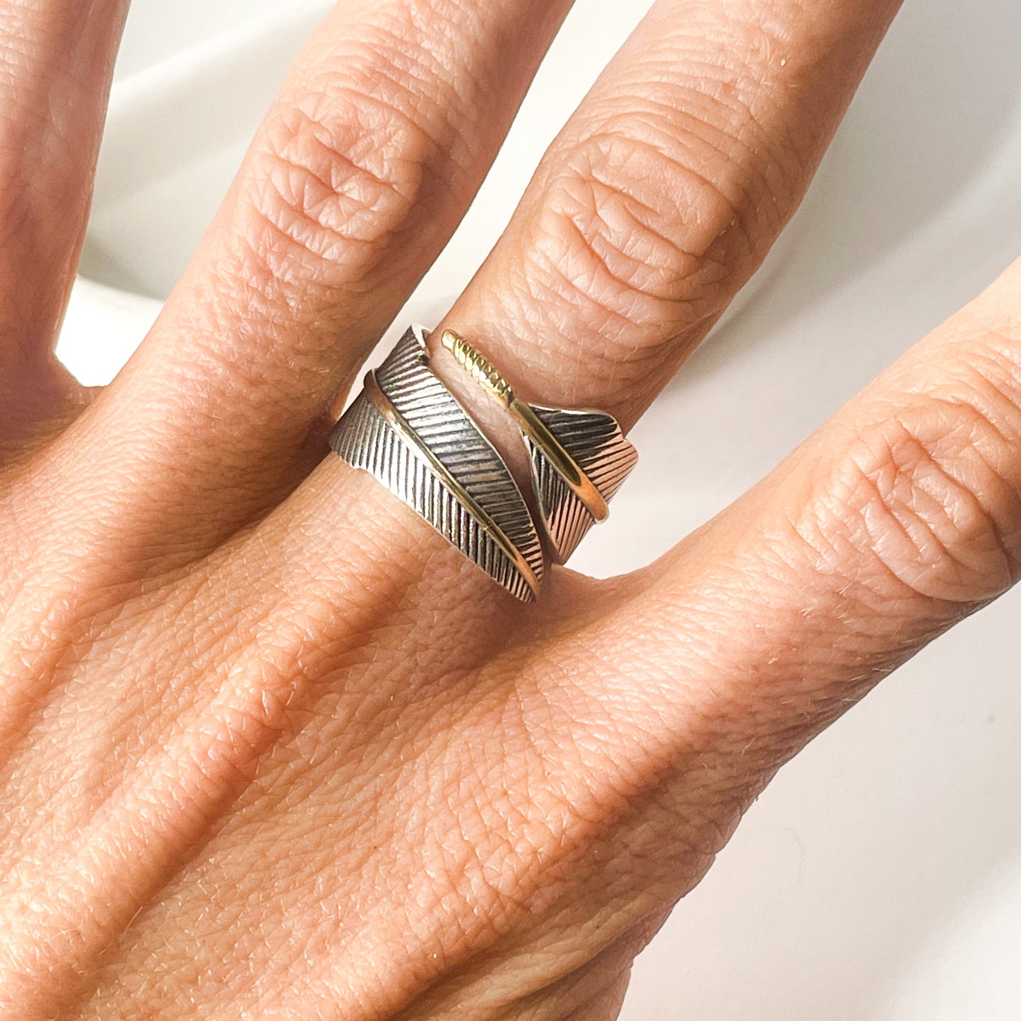 Wrap Leaf & Gold Trim Ring - Solid Sterling Silver