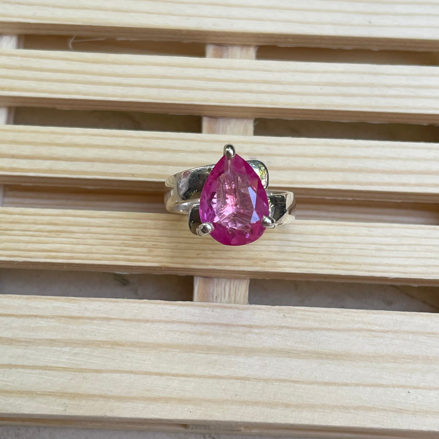 Hot Pink Glass Prong Ring - Solid Sterling Silver