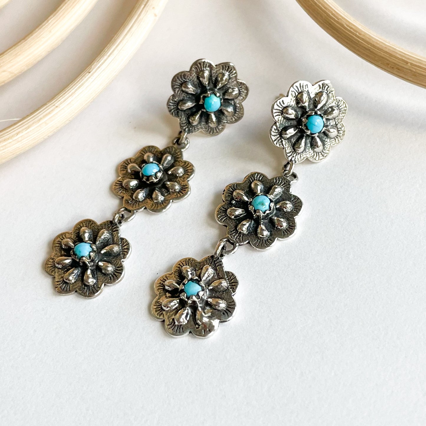Triple Flower Turquoise Dangles - Solid Sterling Silver