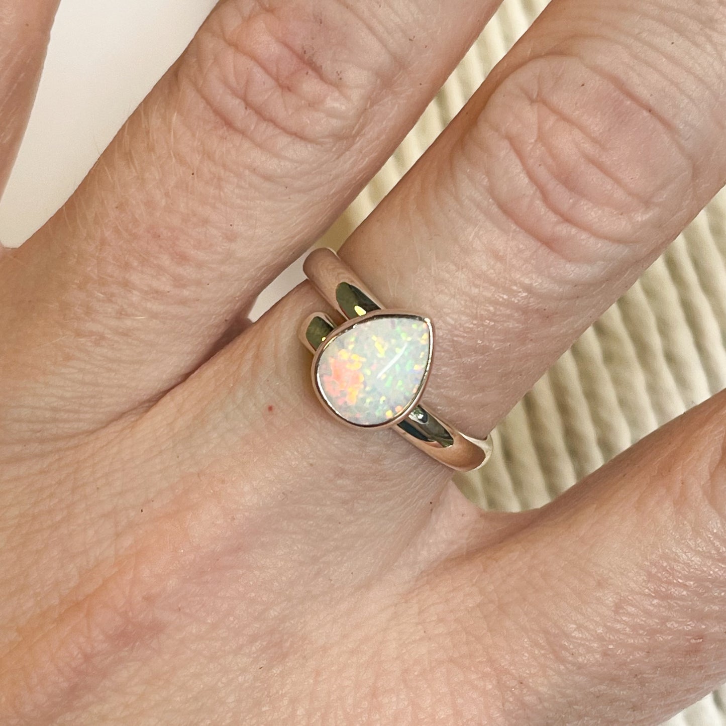 Dainty White Australian Opal Ring - Solid Sterling Silver