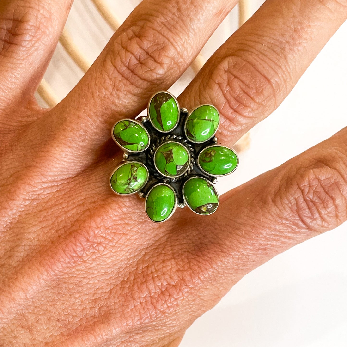Green Copper Infused Turquoise Flower Ring - Solid Sterling Silver