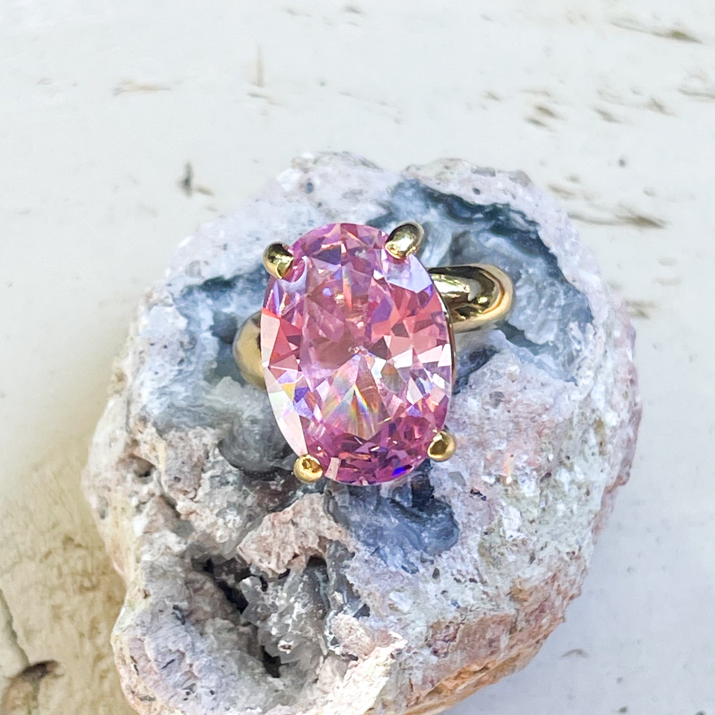 Pink CZ Large Rectangle Prong Ring - Solid Sterling Silver