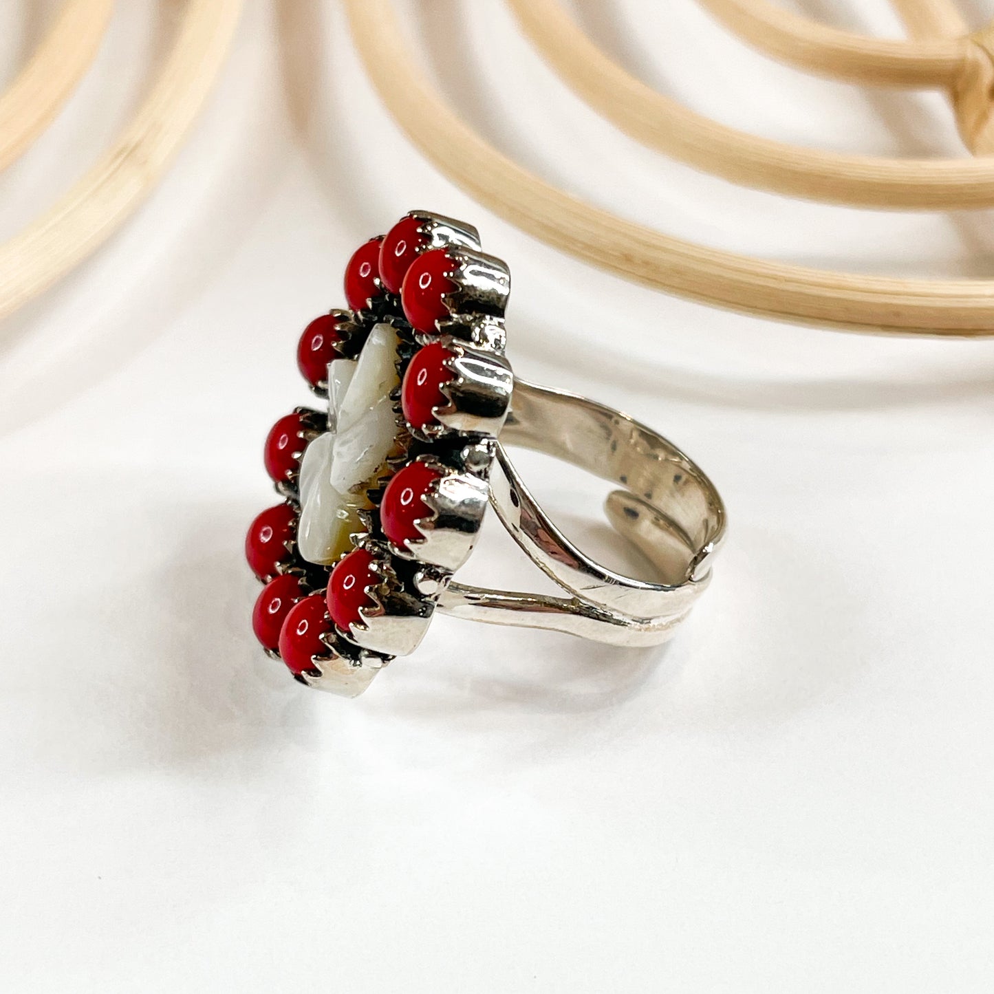 Red & Mother of Pearl Adjustable Ring - Solid Sterling Silver