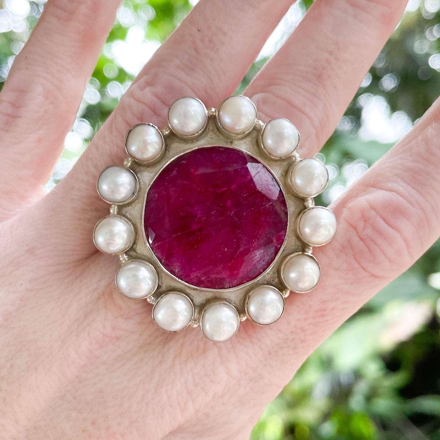 Sapphire Quartz & Pearl Adjustable Ring - Solid Sterling Silver