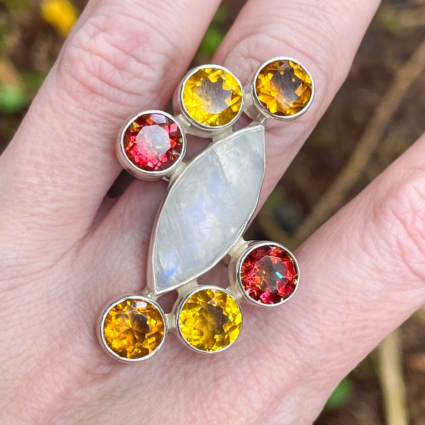 Rainbow Moonstone & Quartz Statement Ring - Solid Sterling Silver