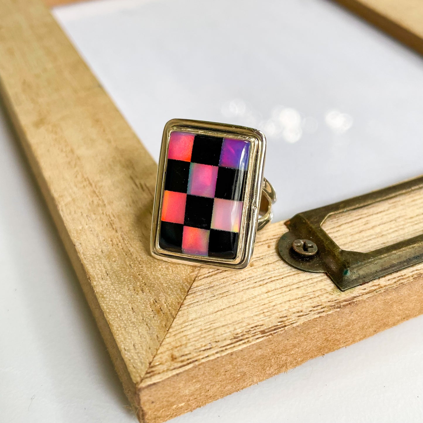 Galaxy Opal & Black Onyx Checker Ring - Solid Sterling Silver