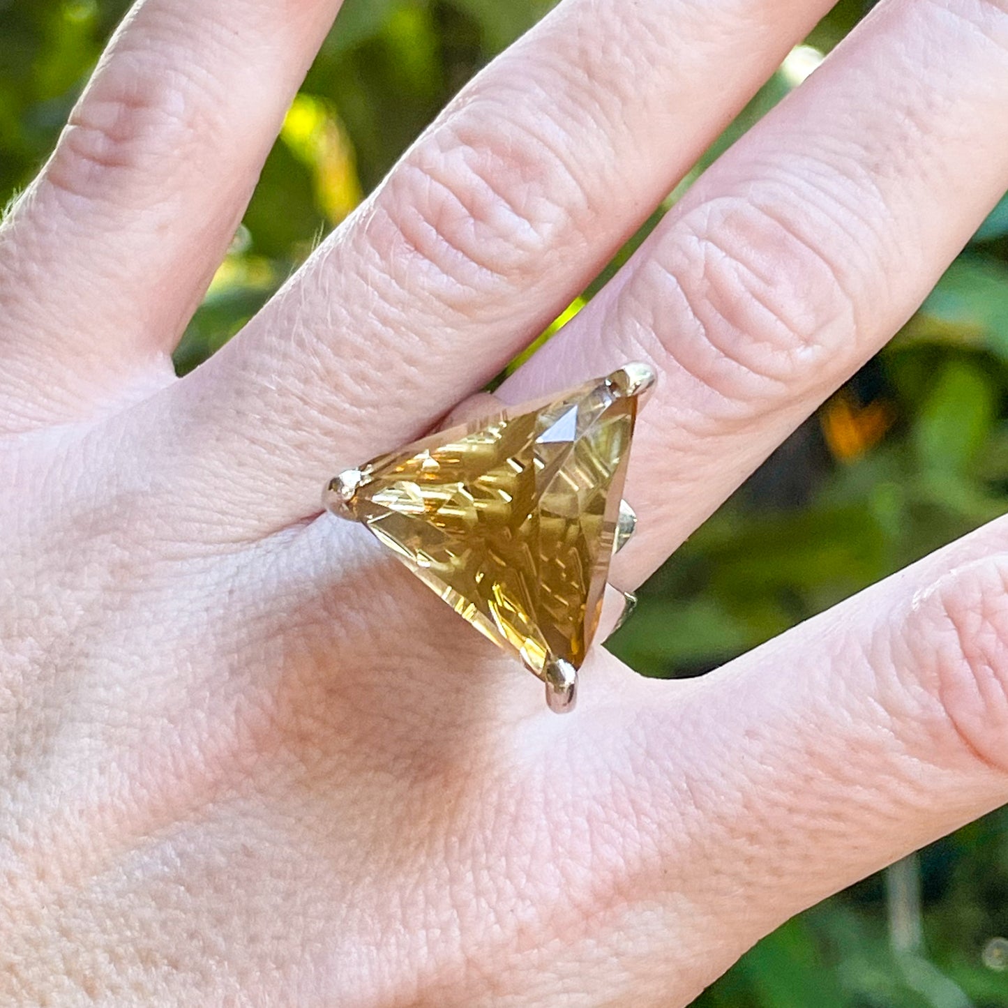 Trillion Champagne Faceted Cushion Glass Prong Ring- SSS