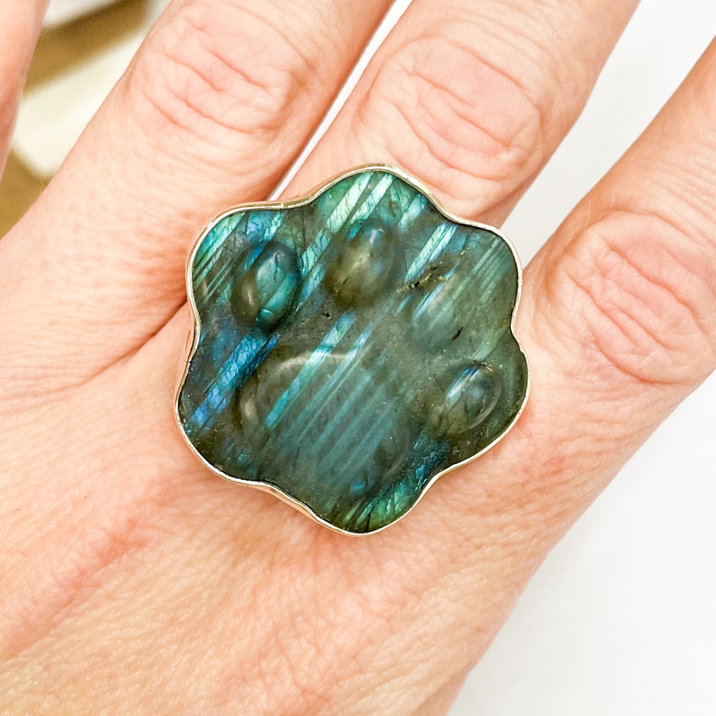 Labradorite Dog Paw Ring - Solid Sterling Silver