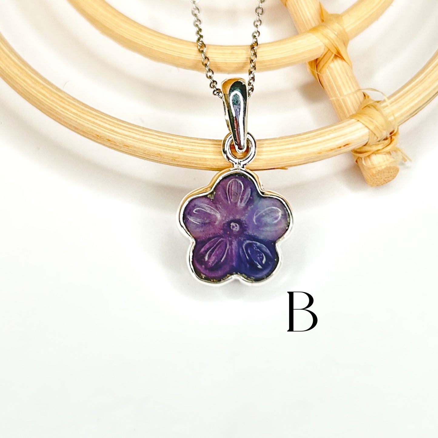 Fluorite Flower Charm Pendant - Solid Sterling Silver