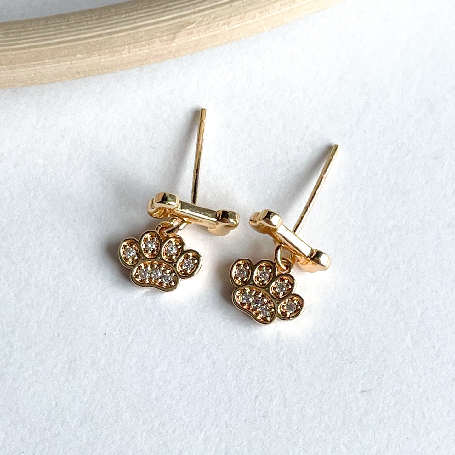 CZ Dog Paw & Dog Bone Stud Dangle - 18k Gold Filled