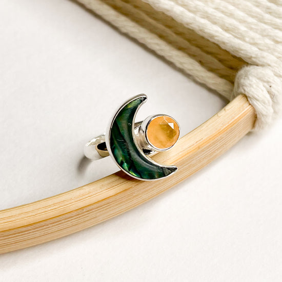 Abalone Moon & Gemstone Bypass Pendant & Ring- Solid Sterling Silver