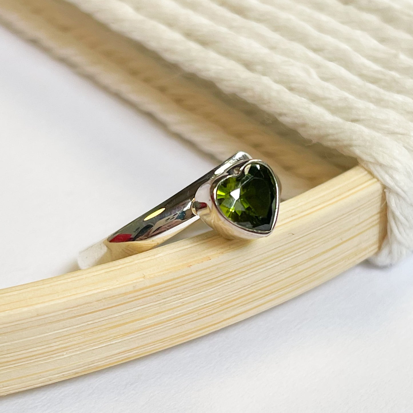 Dainty Army Green CZ Heart Ring - Solid Sterling Silver