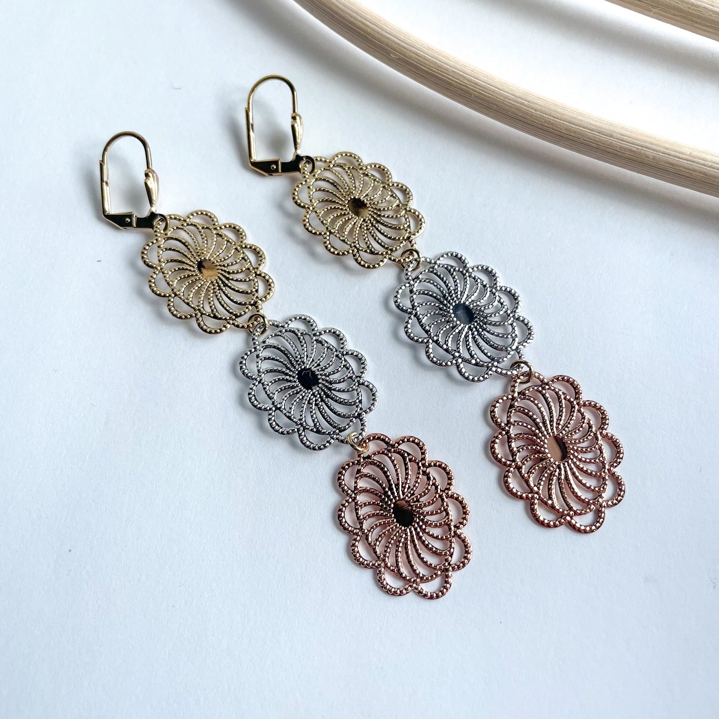 Tri Color Oval Flower Dangles - 18k Gold Filled