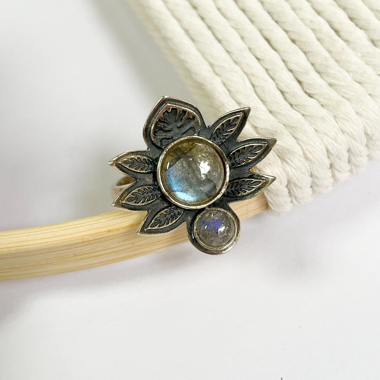 Labradorite Lotus Flower Ring - Solid Sterling Silver