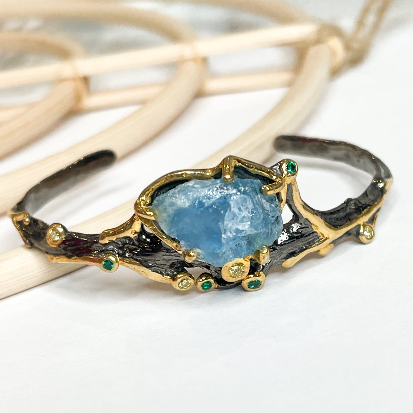 Aquamarine Gemstone Cuff - Solid Sterling Silver + 22k Gold