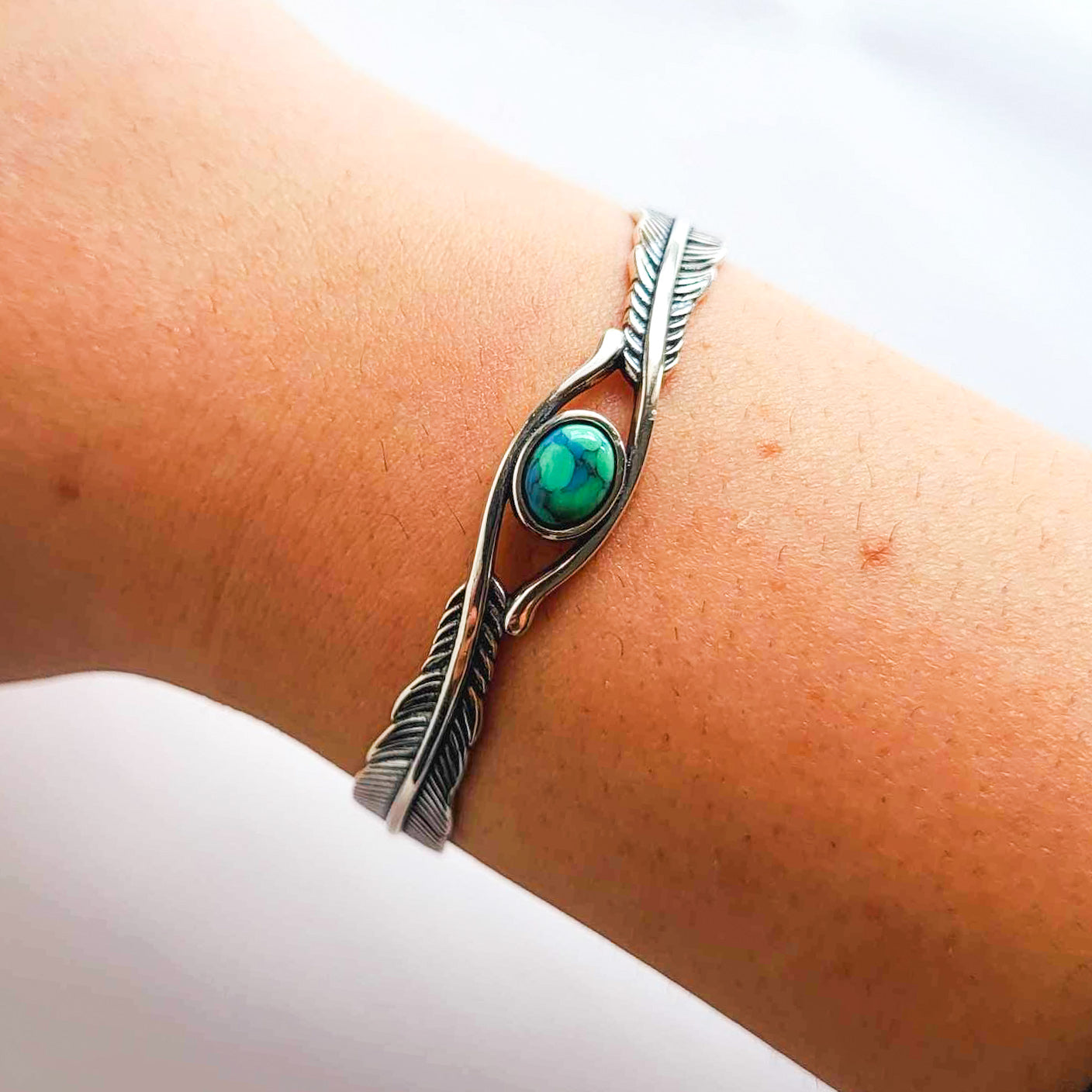 Load image into Gallery viewer, Thin Turquoise Feather Cuff - Solid Sterling Silver
