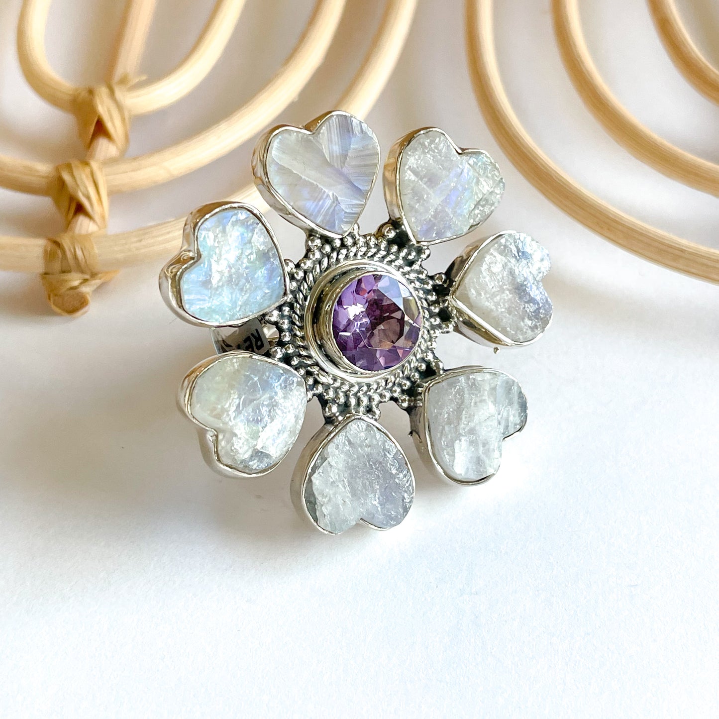 Rainbow Moonstone Heart Flower Statement Ring - Solid Sterling Silver