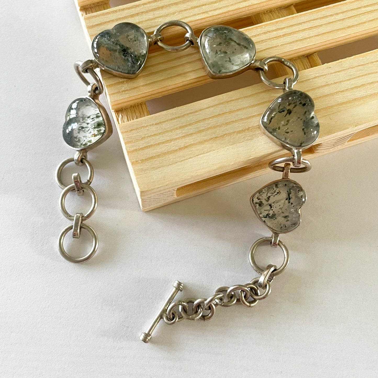 Moss Agate Heart Bracelet - Sterling Silver
