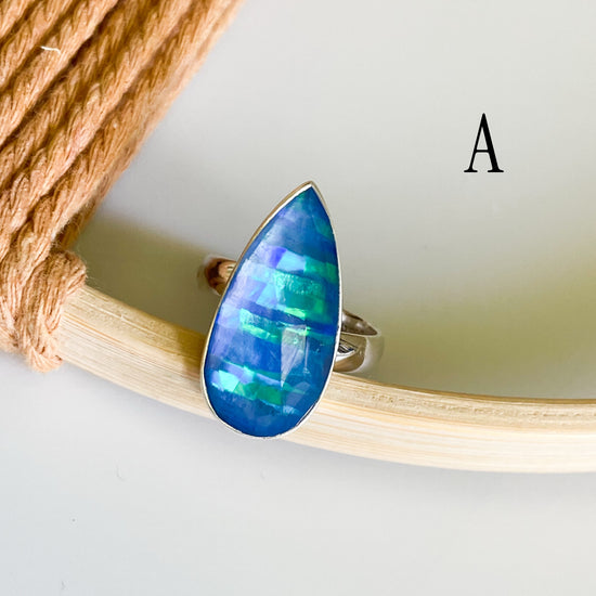 Blue Opal Faceted Doublet Ring - Solid Sterling Silver