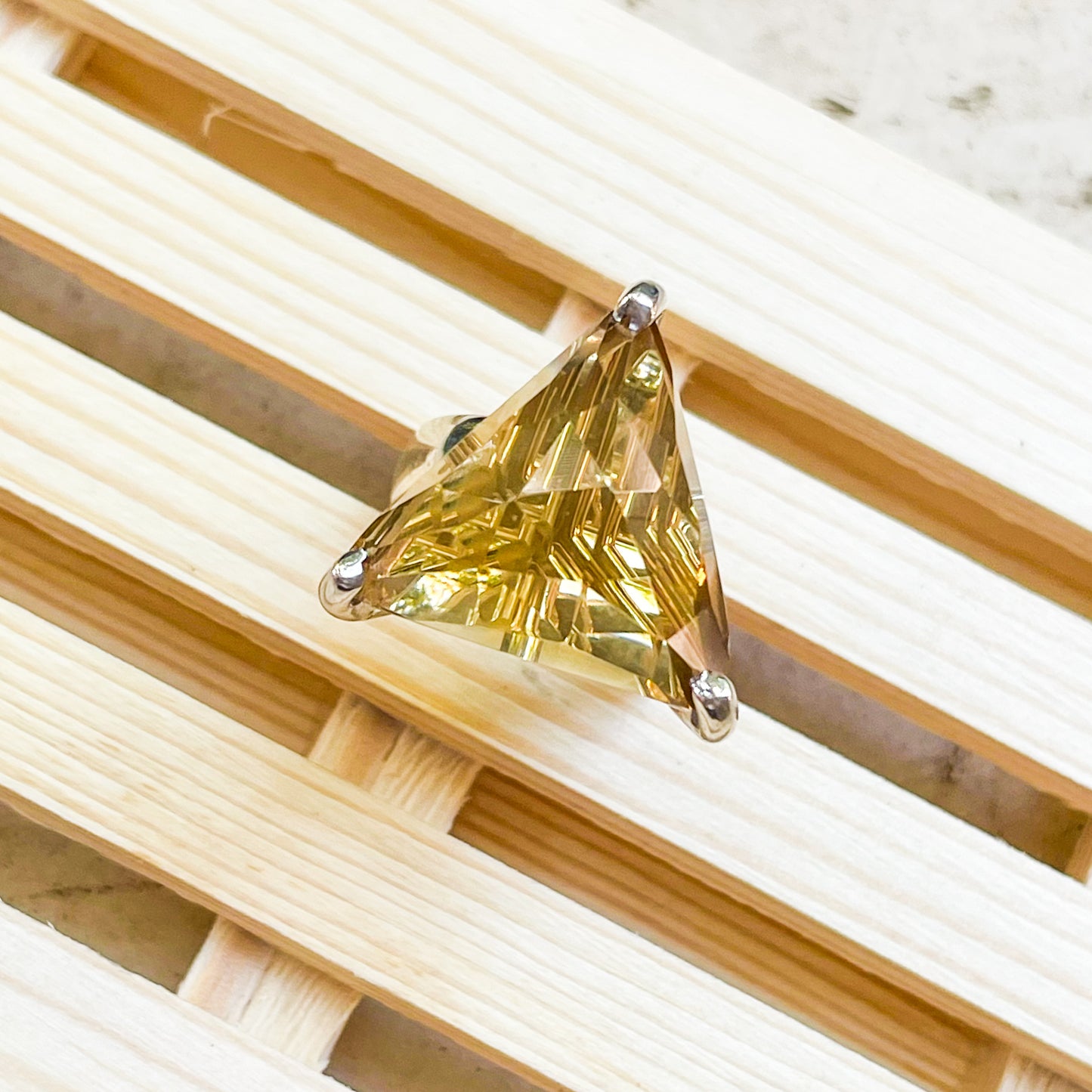 Trillion Champagne Faceted Cushion Glass Prong Ring- SSS