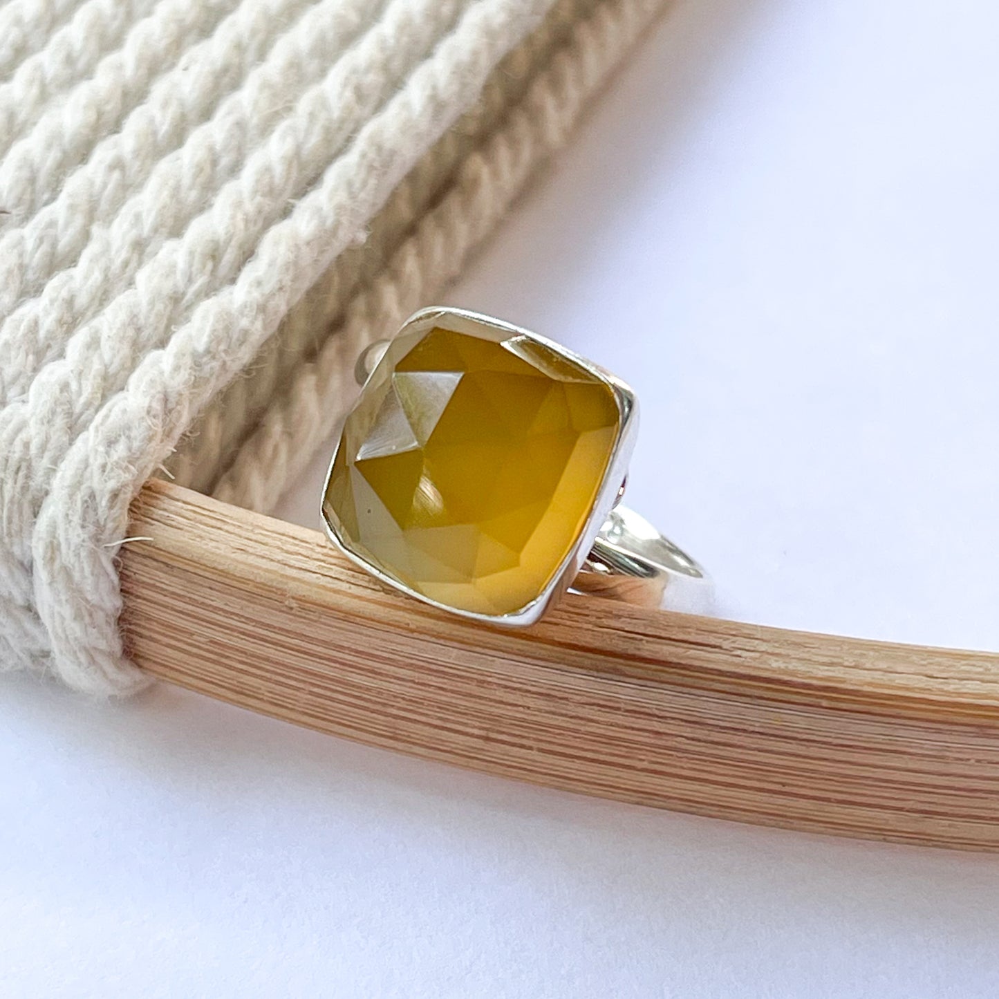 Bright Square Chalcedony Rings - Both Metals