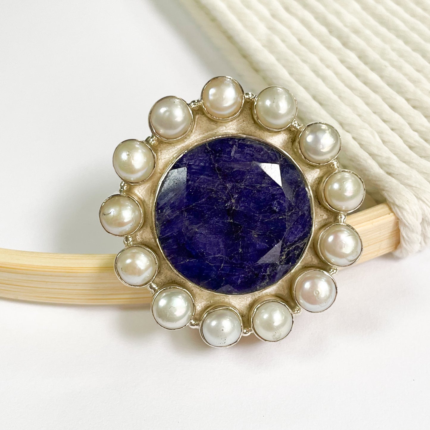 Sapphire Quartz & Pearl Adjustable Ring - Solid Sterling Silver