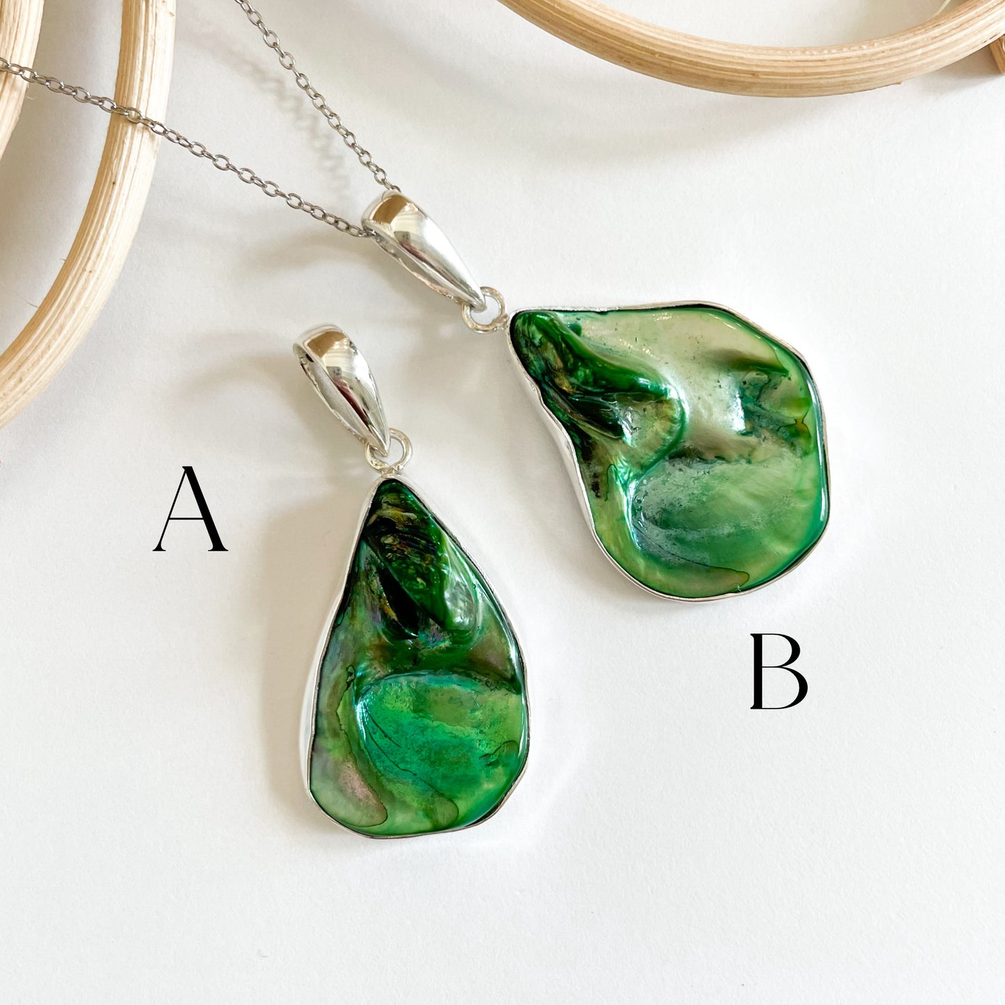 Fan Drop Green Shell - Solid Sterling Silver