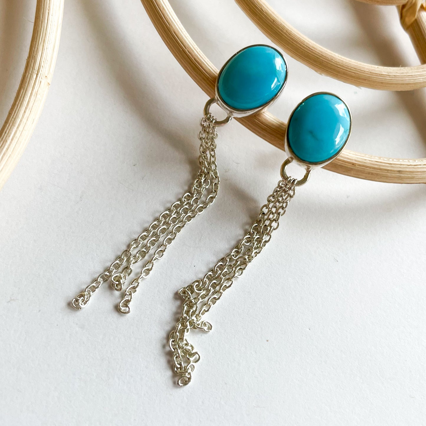 Turquoise Post Dangles w Chains - Solid Sterling Silver
