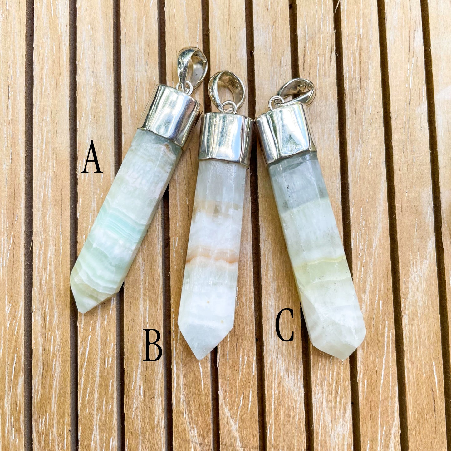 Green Aragonite Point Pendant - Solid Sterling Silver