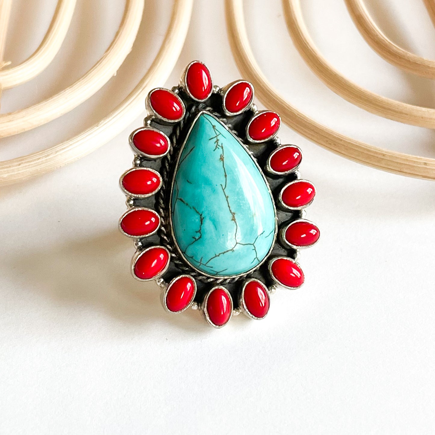 Turquoise & Red Coral Ring - Solid Sterling Silver