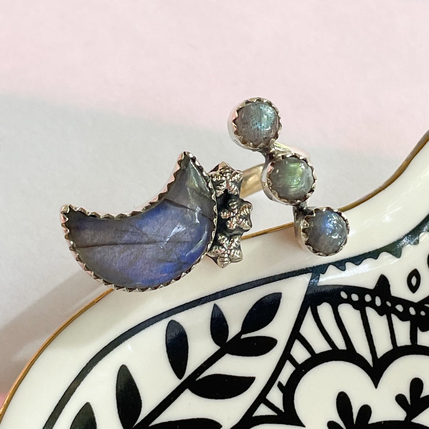 Side Set Moon & Constellation Labradorite Ring - Solid Sterling Silver