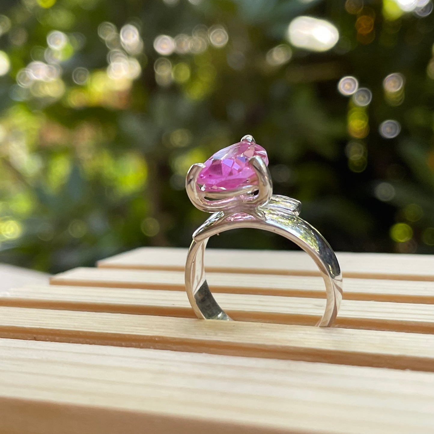 Hot Pink Glass Prong Ring - Solid Sterling Silver