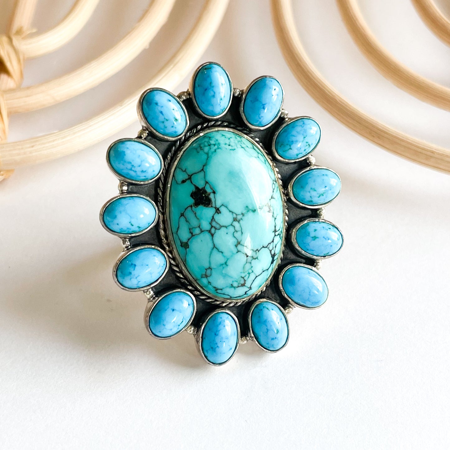 Turquoise Two-Tone Flower Ring - Solid Sterling Silver