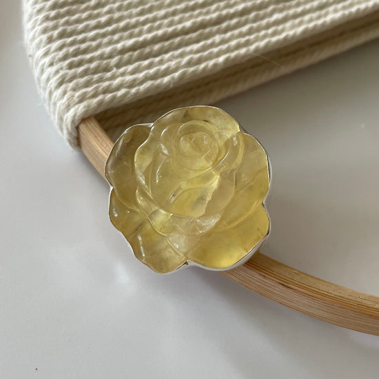 Yellow Fluorite Rose Ring- Solid Sterling Silver