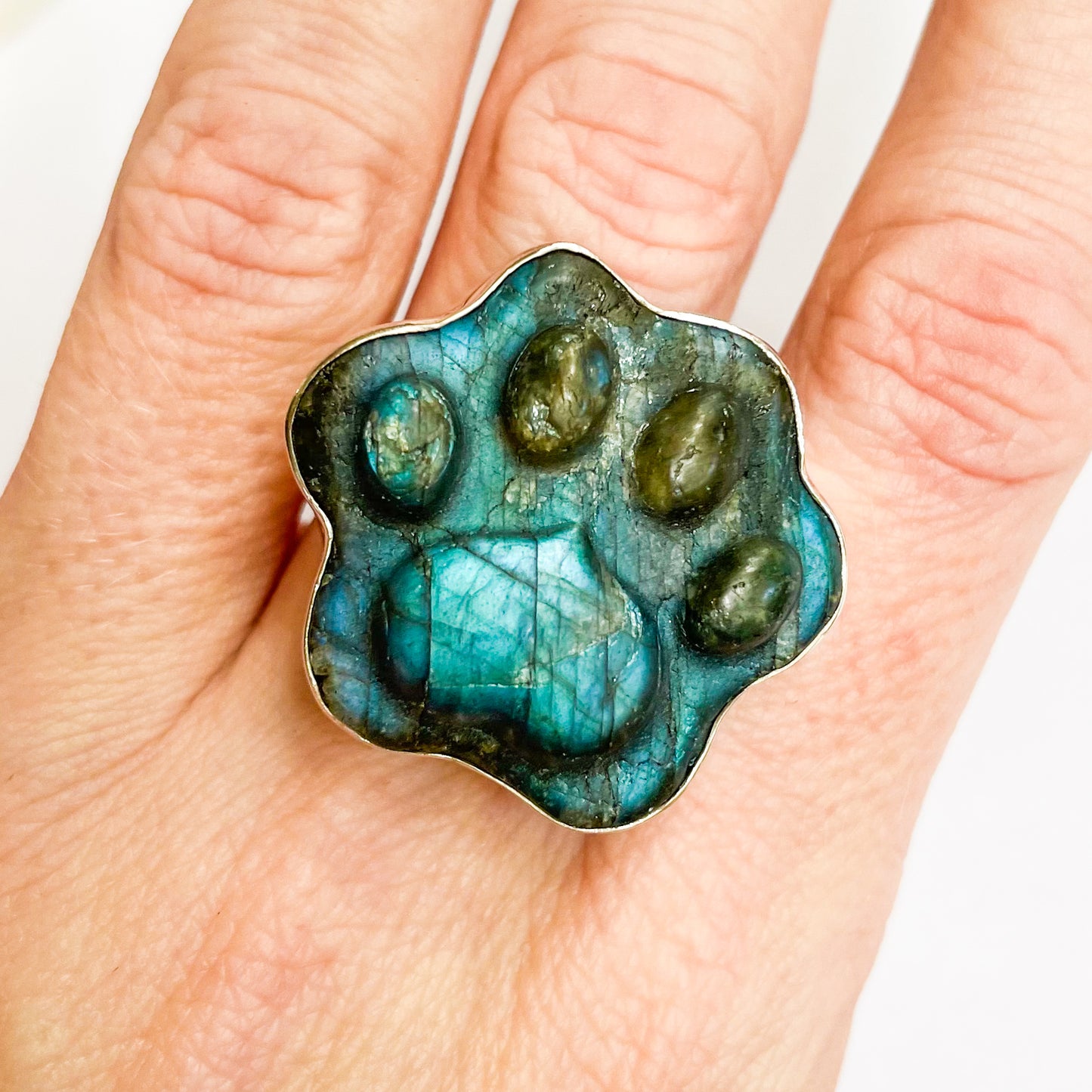 Labradorite Dog Paw Ring - Solid Sterling Silver