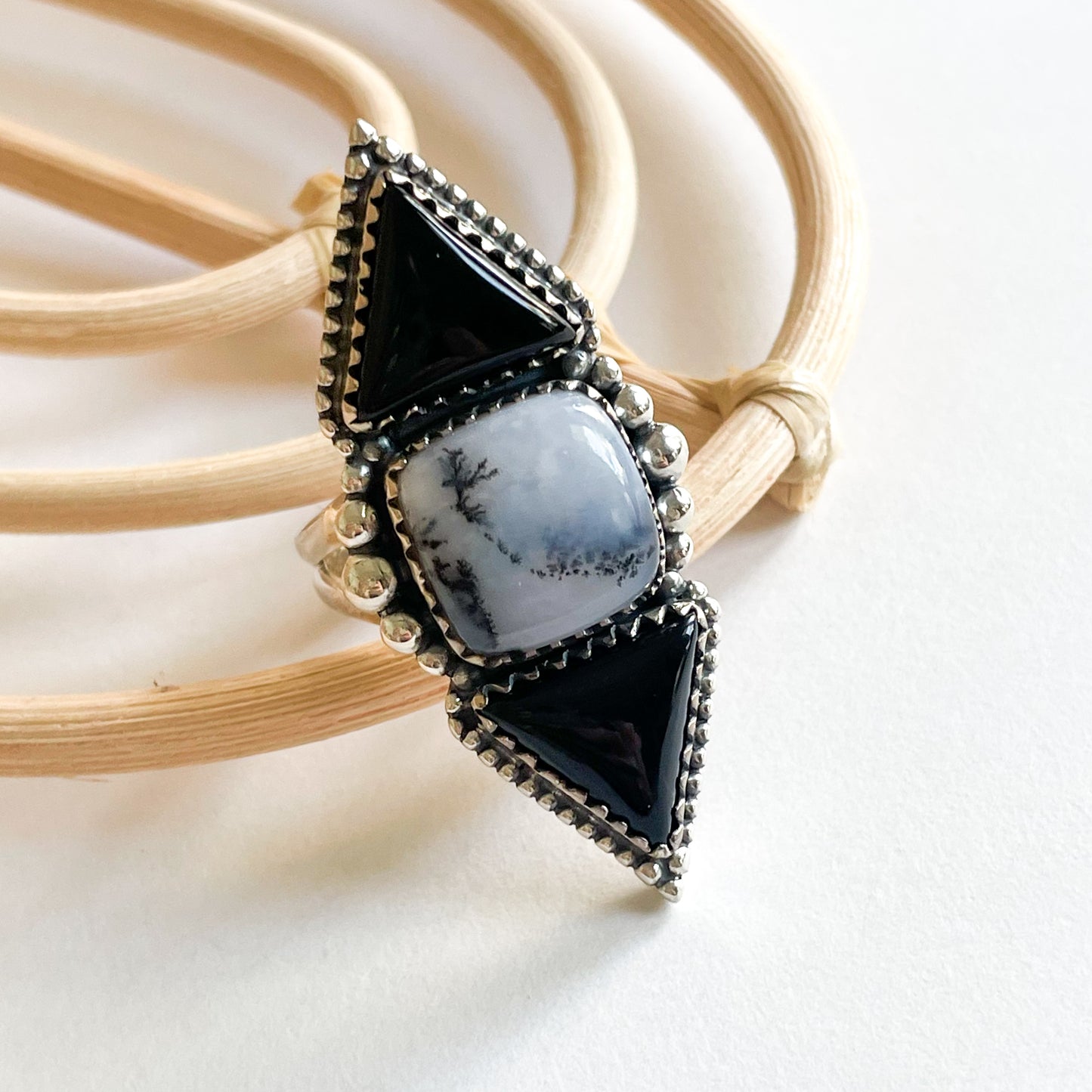 Black Onyx & Dendrite Crawler Ring - Solid Sterling Silver