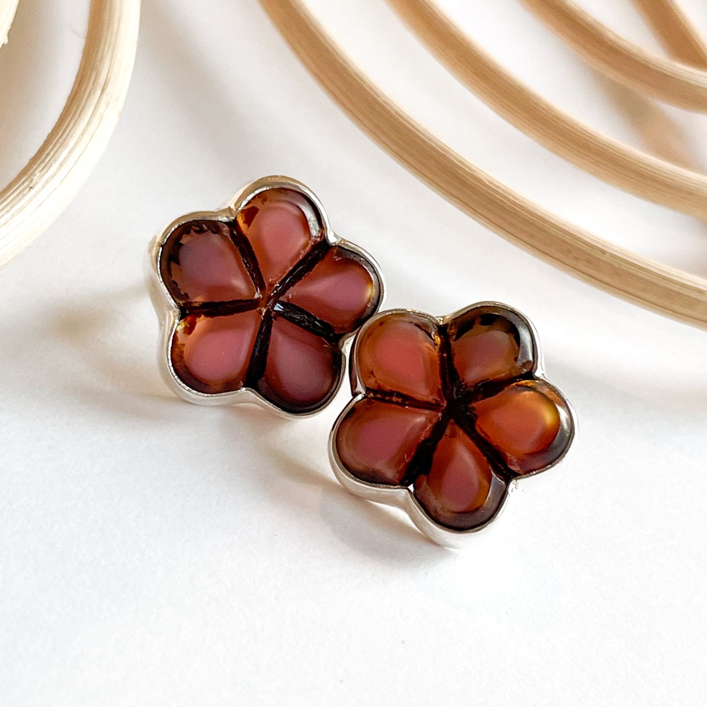 Mauve Glass Flower Studs - Solid Sterling Silver