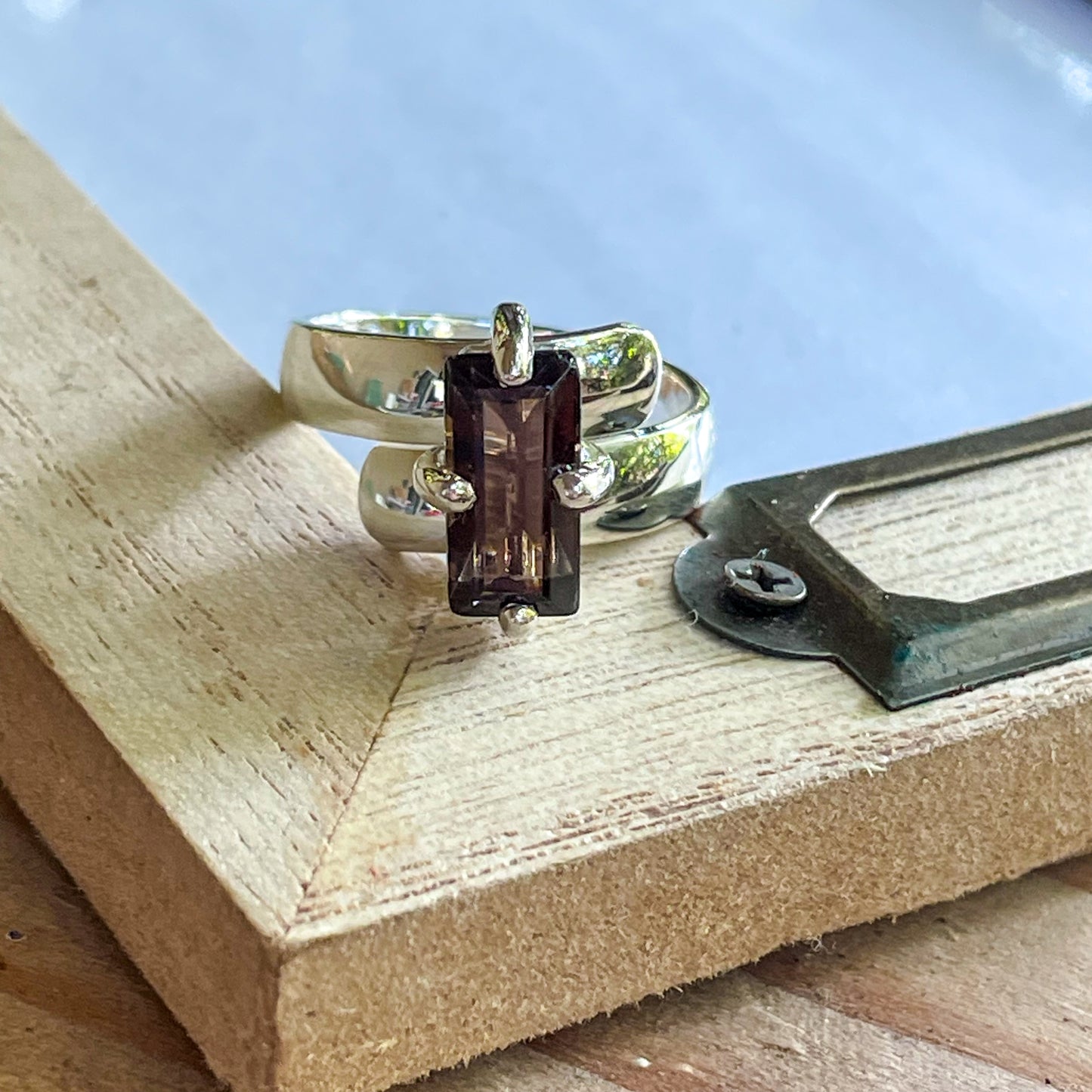 Smokey Quartz Rectangle Prong Ring - Solid Sterling Silver