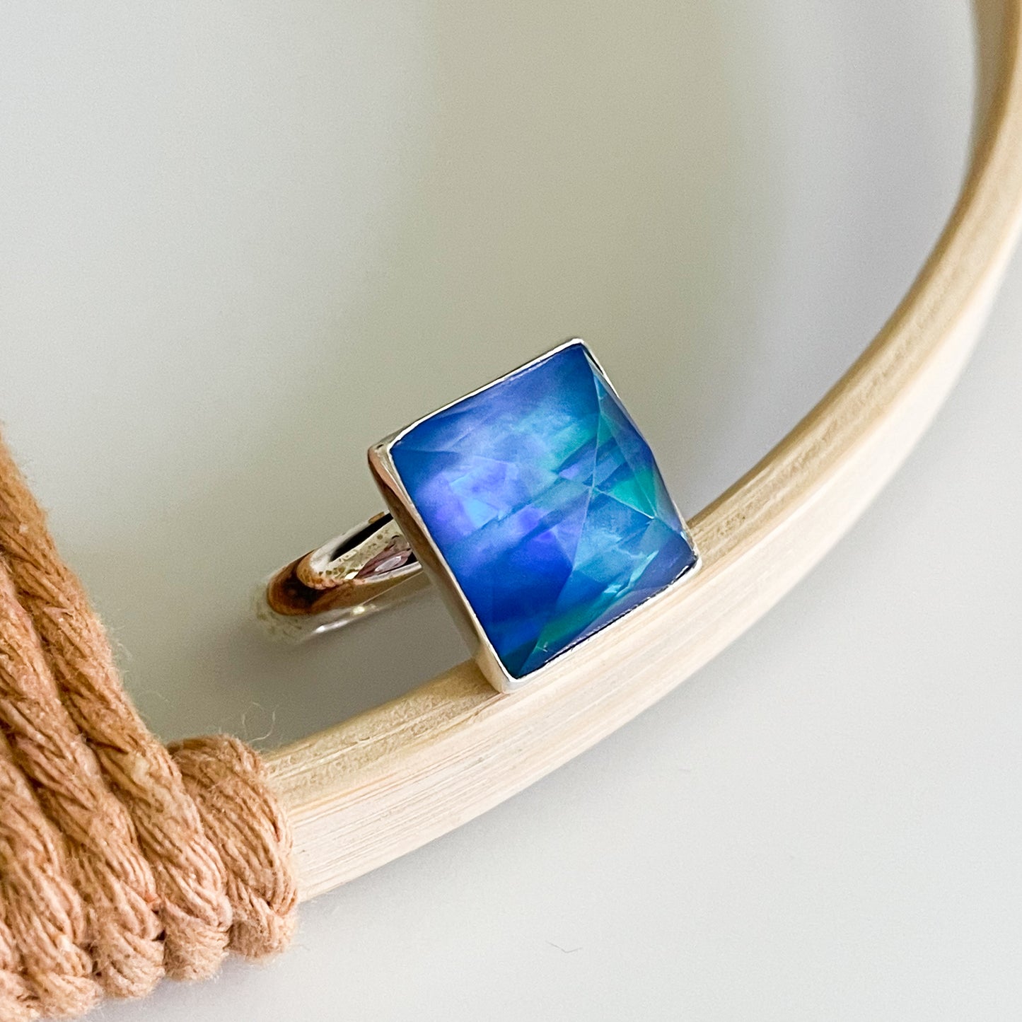 Blue Opal Faceted Doublet Ring - Solid Sterling Silver
