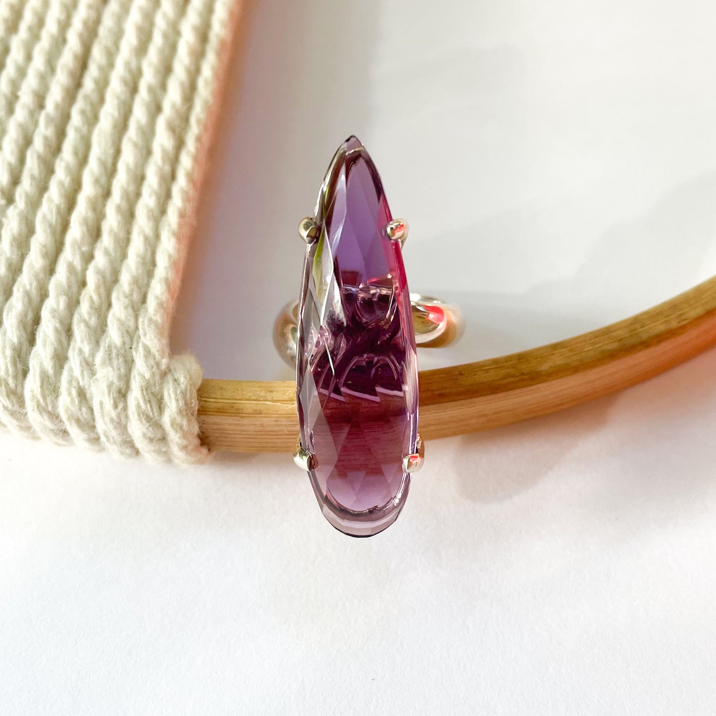 Amethyst Tear Prong Set Long Ring - Solid Sterling silver