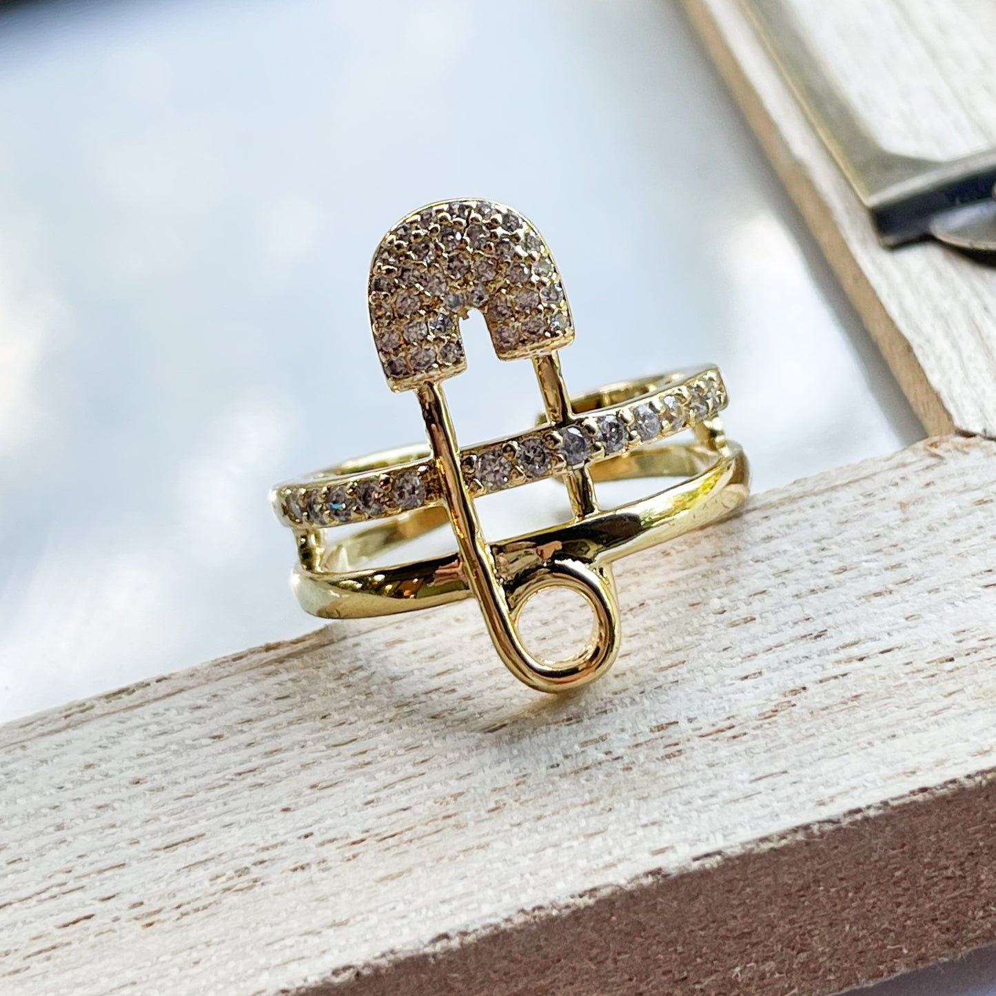 Safety Pin CZ Ring - 18K Gold Filled