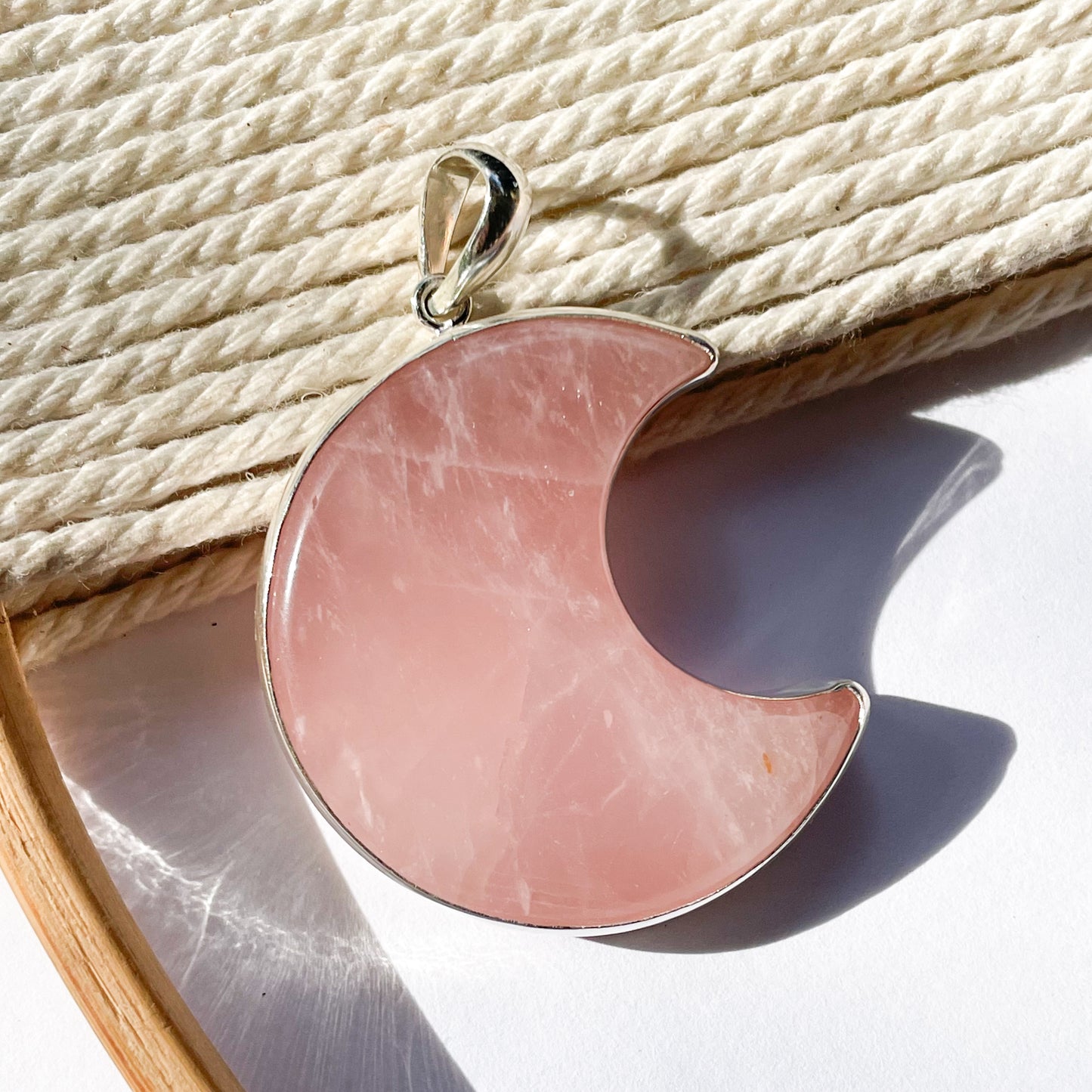 Rose Quartz Crescent Moon Pendant - Both Metals