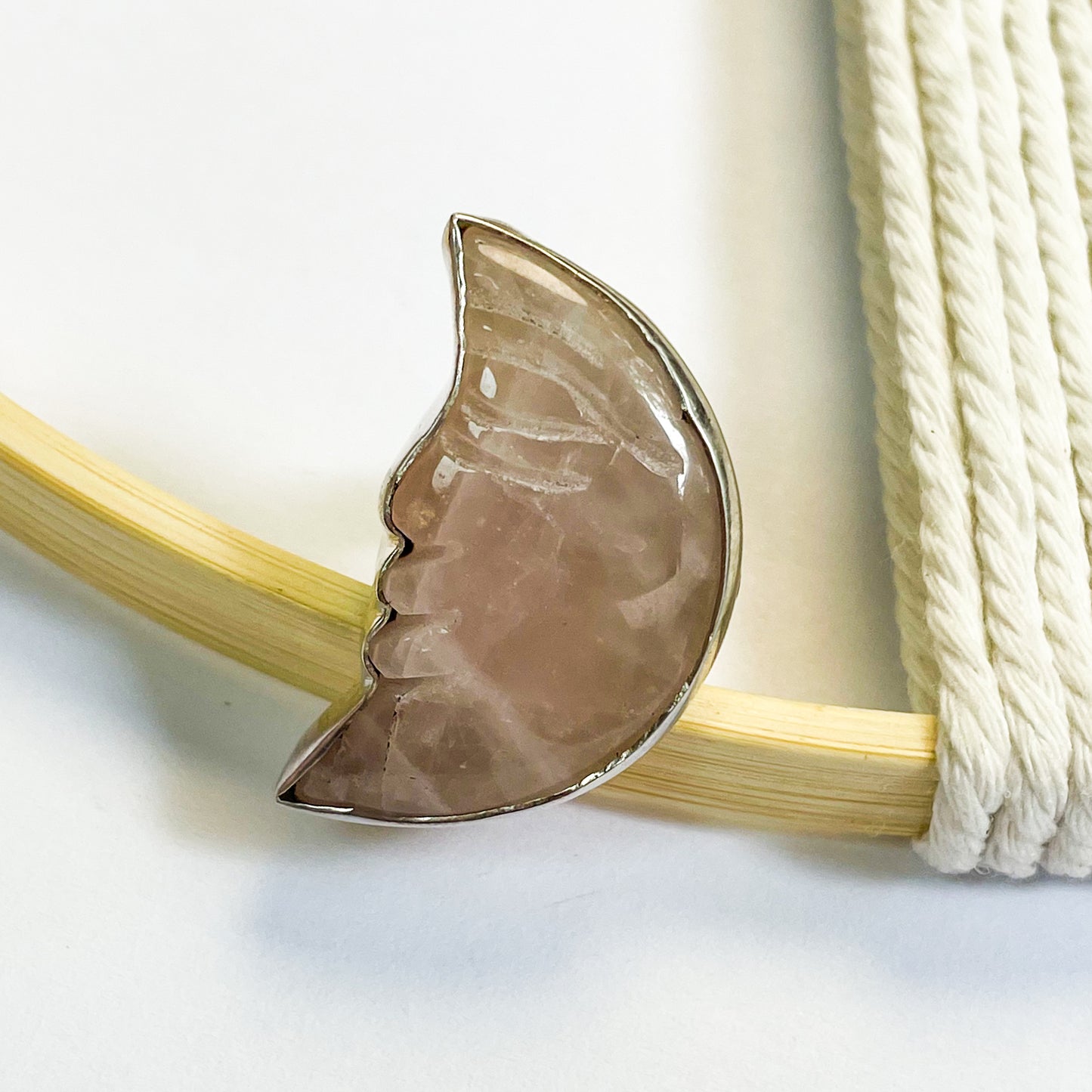 Rose Quartz Moon Ring - Solid Sterling Silver