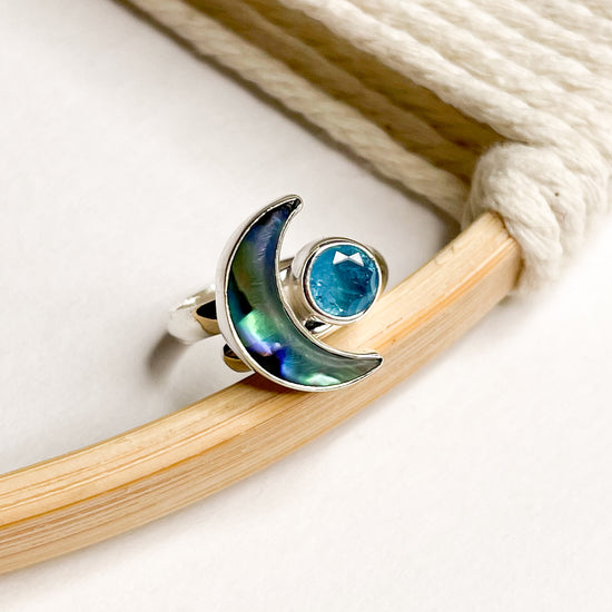 Abalone Moon & Gemstone Bypass Pendant & Ring- Solid Sterling Silver