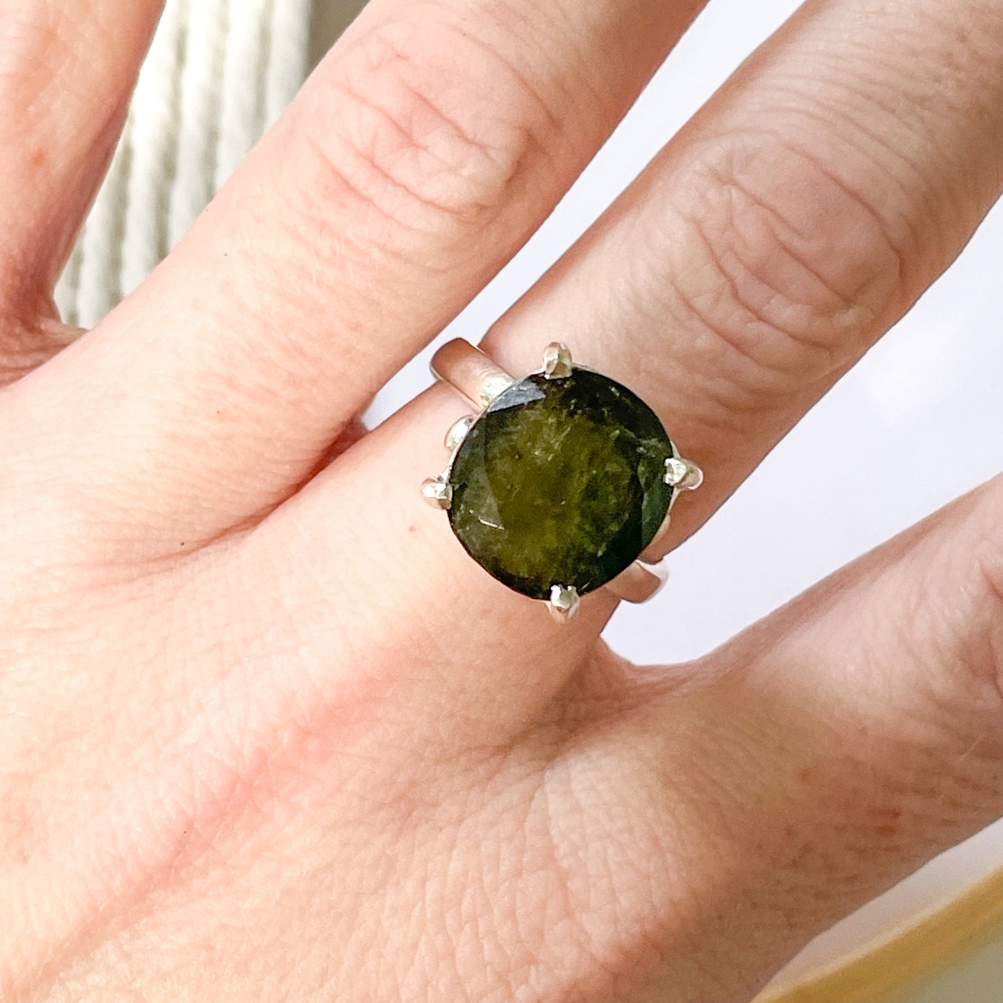Green Tourmaline Prong Ring - Solid Sterling Silver